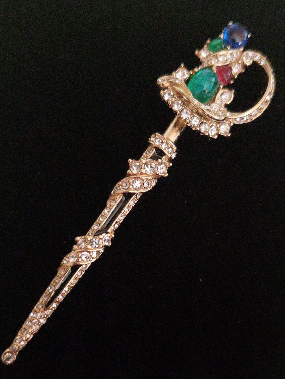 Rare Vintage CINER Gold Plated Rhinestone Cabochon Jeweled Sword Brooch 3"